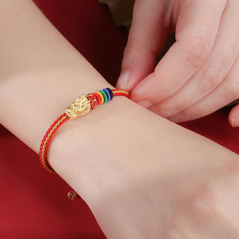 999 Sterling Silver Dragon Luck Bracelet Colorful Rope