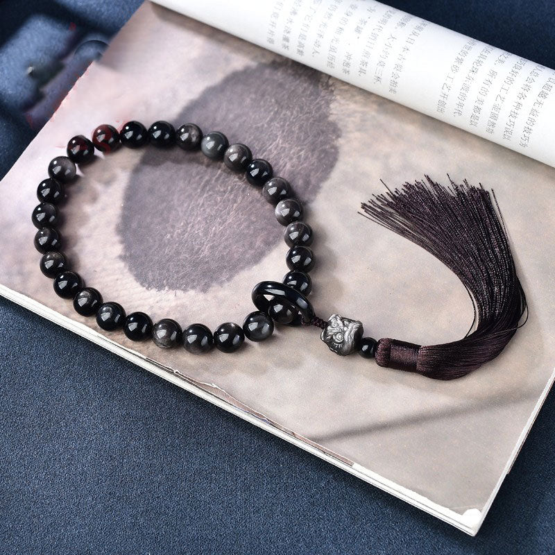 12mm Silver Sheen Obsidian Lion Meditation Wrist Mala