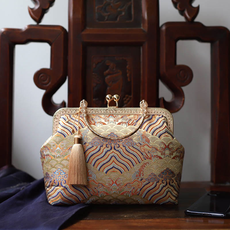Vintage Flower Butterfly Crane Sea Waves Metal Chain Shoulder Bag