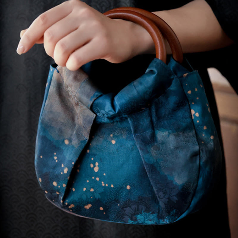 Blue Handmade Jacquard Flower Wooden Handle Bag 23cm