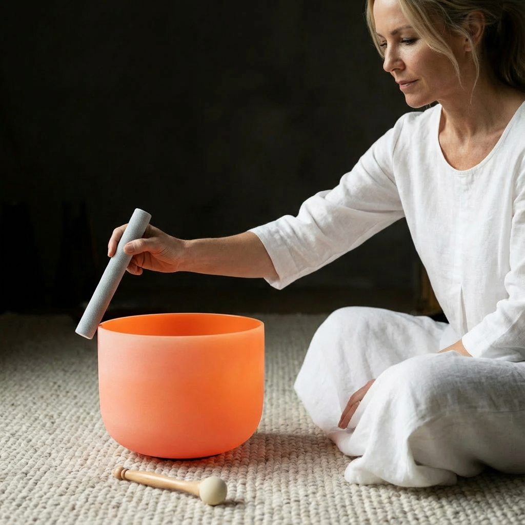 Bol chantant en cristal pour chakra du nombril, note ré orange