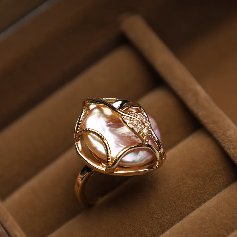 Adjustable Pearl Copper Plated Gold Flower Ring for Wealth & Happiness