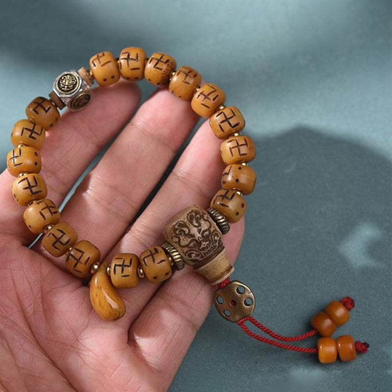 Camel Bone Swastika Dzi Buddha Bracelet for Luck & Protection