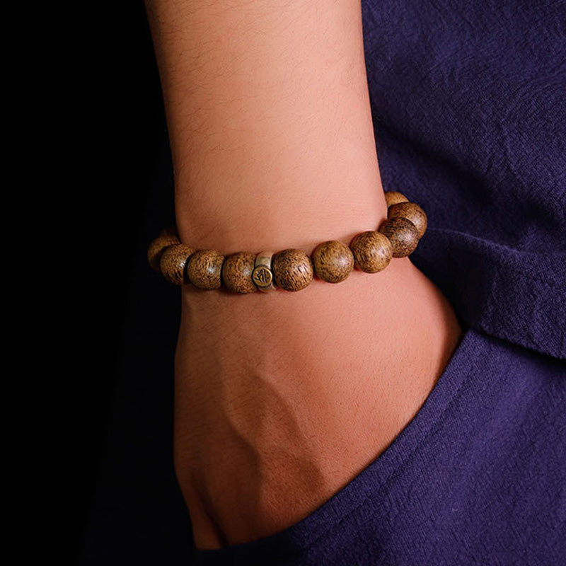 Bracelet de paix en bois d'agar naturel avec perles de 12 mm et symbole du zodiaque chinois