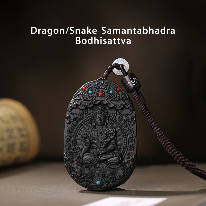 Collier en bois d'agar avec pendentif Om Mani Padme Hum et signe du zodiaque chinois