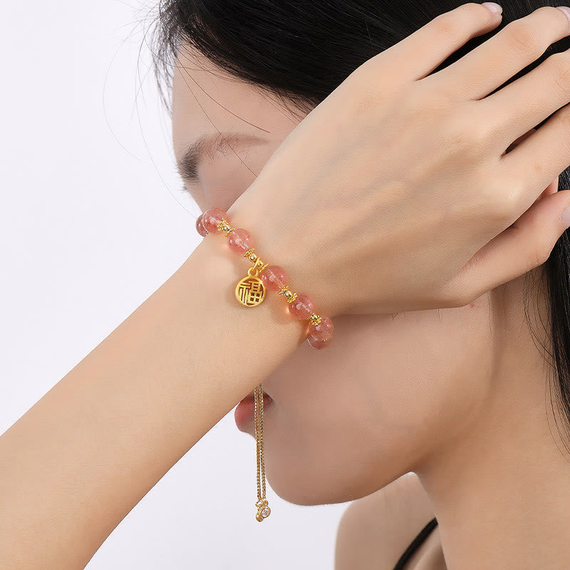 Strawberry Quartz Fu Character Spiritual Bracelet 15-18cm