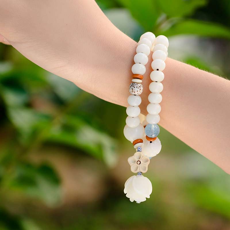 Bracelet Lotus unisexe avec jade blanc, graines de Bodhi et bénédictions