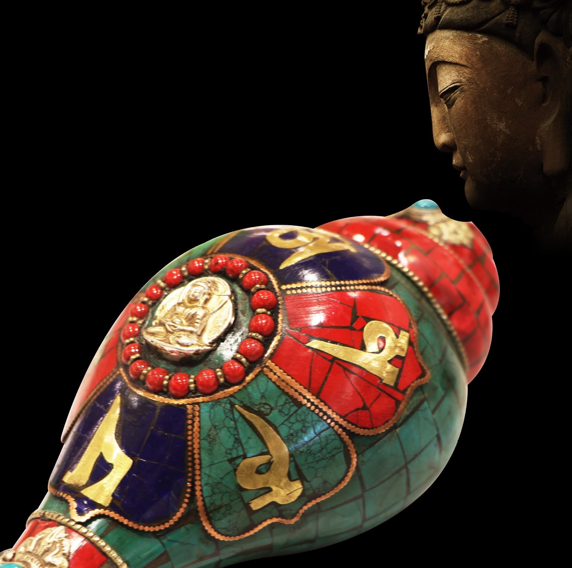 Coquillage tibétain Shankha fait main 23 cm | Décoration Zen