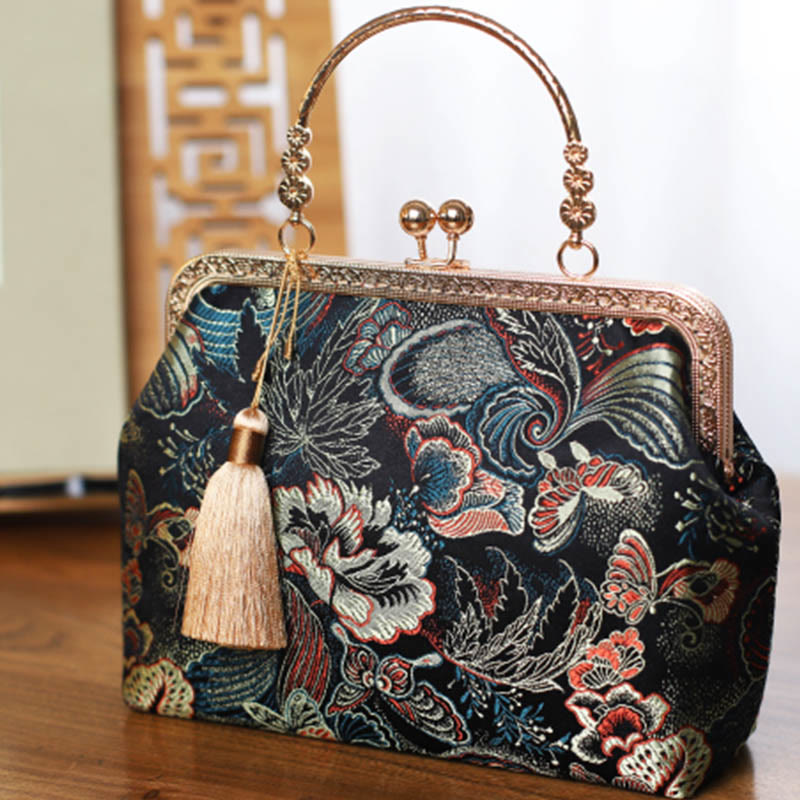 Vintage Flower Butterfly Crane Sea Waves Metal Chain Shoulder Bag