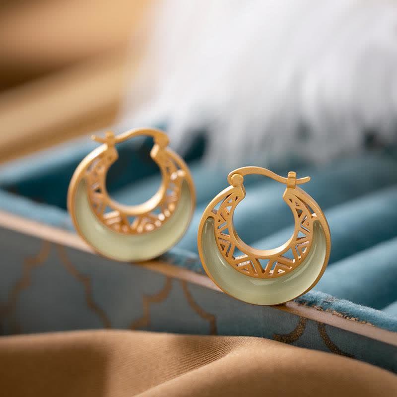 Crescent Moon Jade Prosperity Drop Earrings 23x21mm