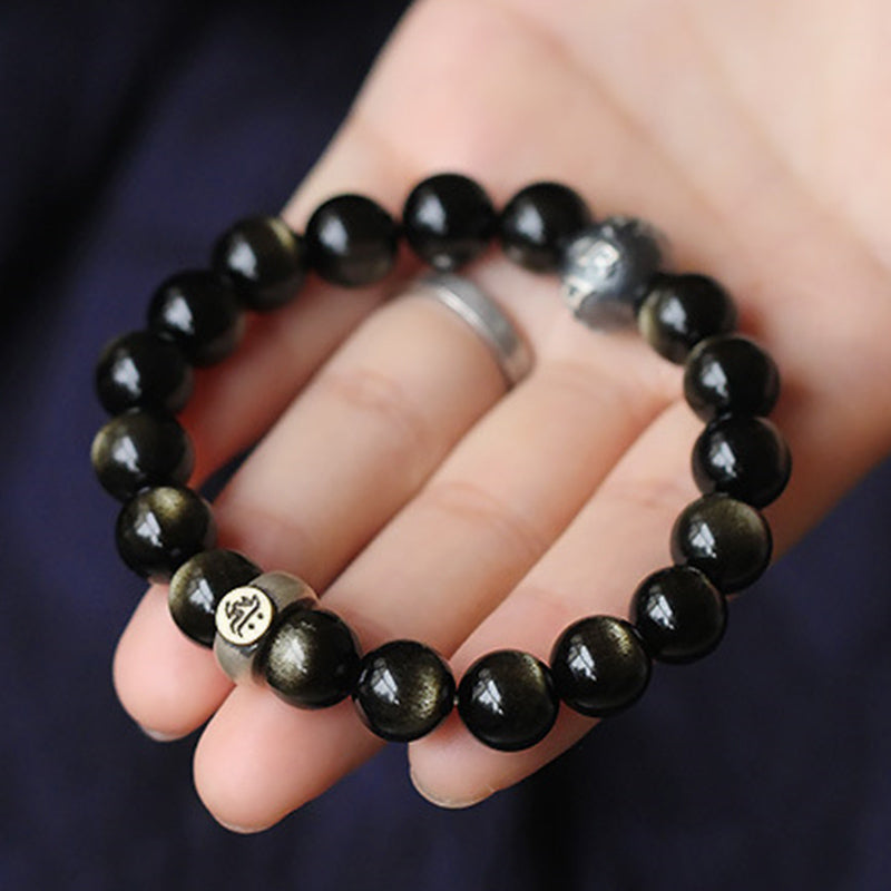 8mm Obsidian Purification Bracelet with Zodiac Buddha