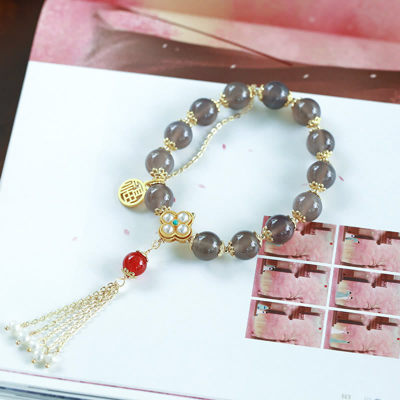 8mm Gray Agate Fu Character Balance Bracelet