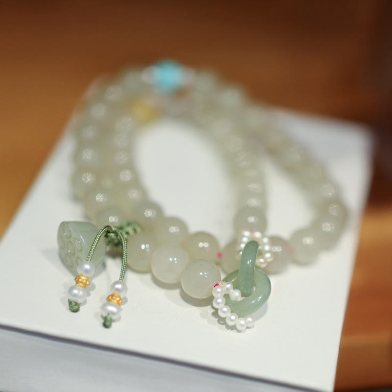 8mm Hetian Jade Lotus Bracelet Double Wrap for Abundance
