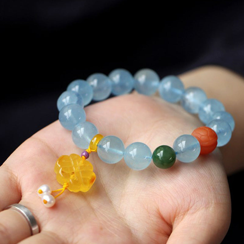 Aquamarine & Amber Peace Bracelet with Chinese Knot Charm