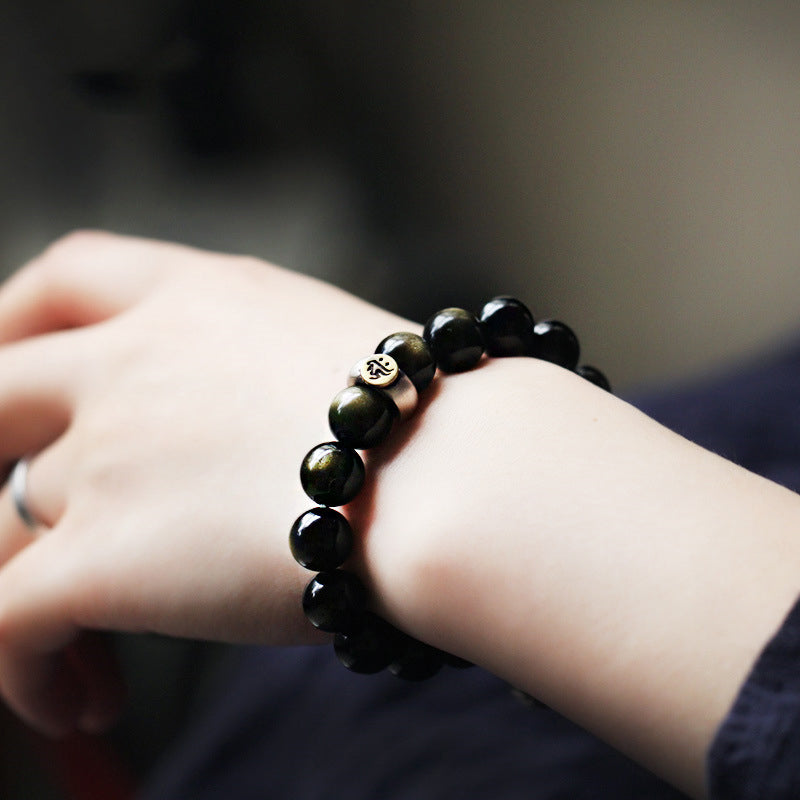 8mm Obsidian Purification Bracelet with Zodiac Buddha