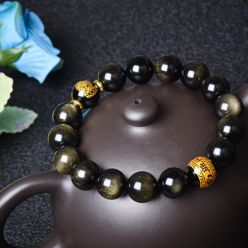Bracelet de protection du zodiaque chinois en obsidienne dorée brillante 12 mm