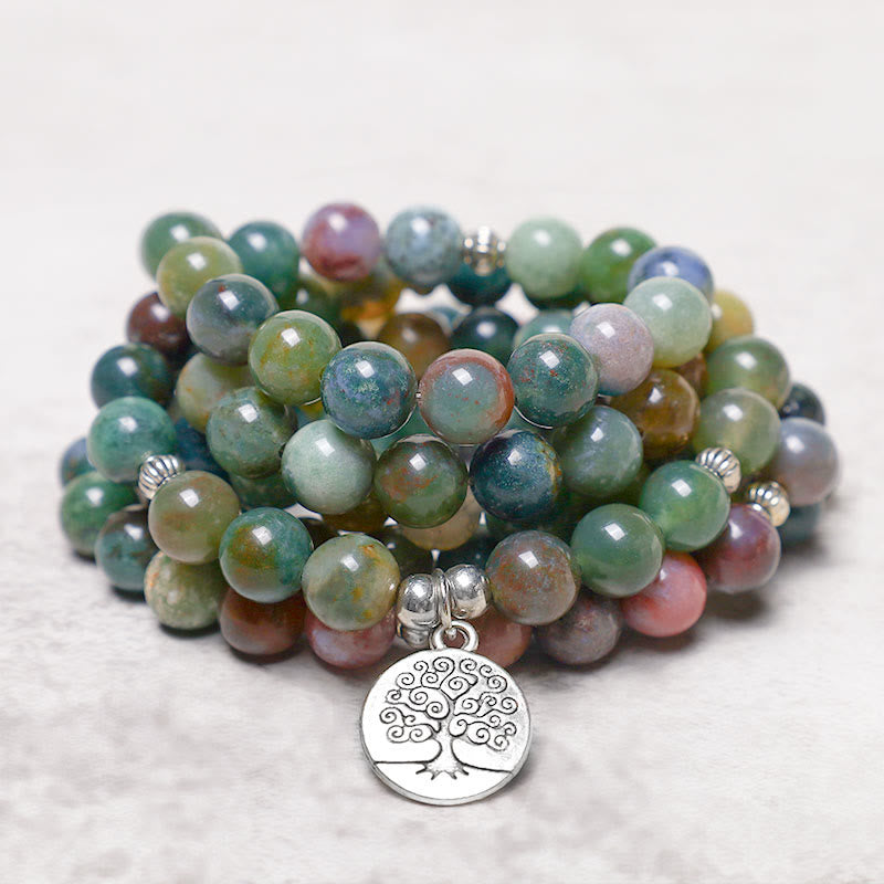 108 Bead Mala Bracelet Indian Agate with Spiritual Symbols