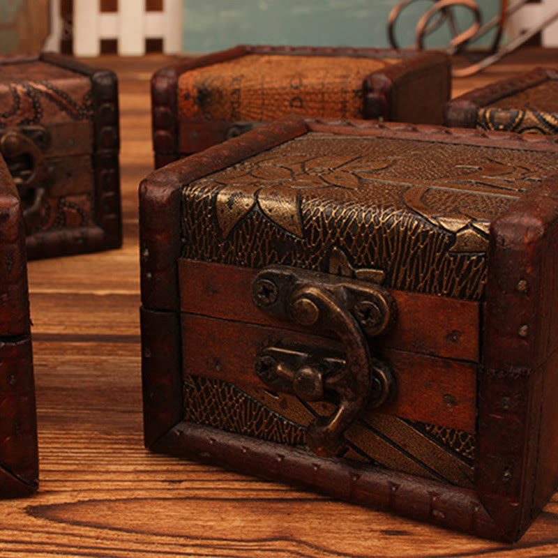 Retro Small Square Wood Jewelry Box with Lotus Design