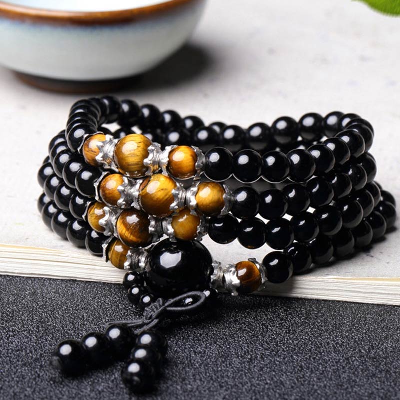 6mm Black Obsidian & Tiger Eye Mala Bracelet for Protection