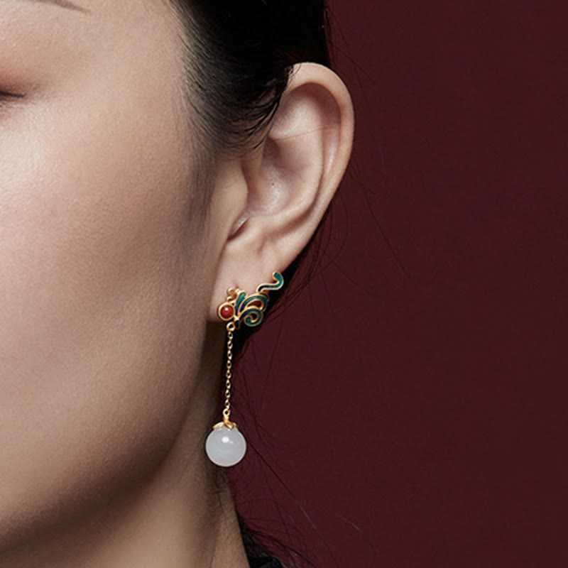 Vintage White Jade Red Agate Drop Earrings for Protection & Blessing