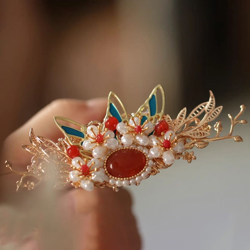 Red Flower Butterfly Pearl Tassel Hair Clip Comb Crown, Spiritual Jewelry