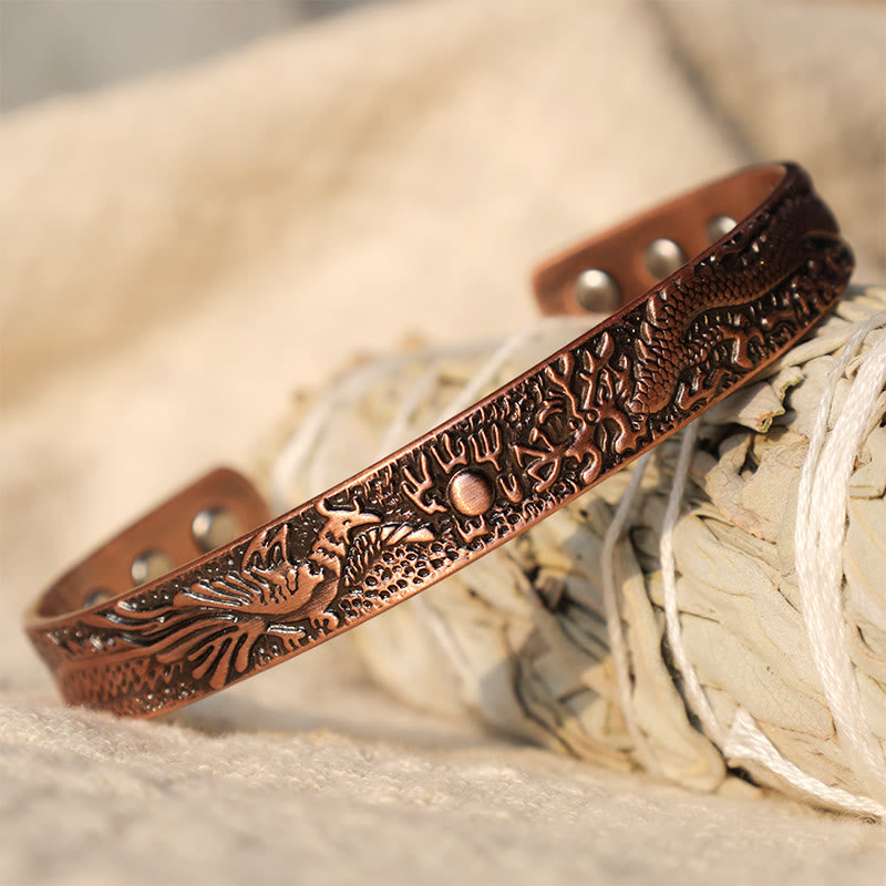 Unisex Dragon Phoenix Copper Cuff Bracelet for Protection