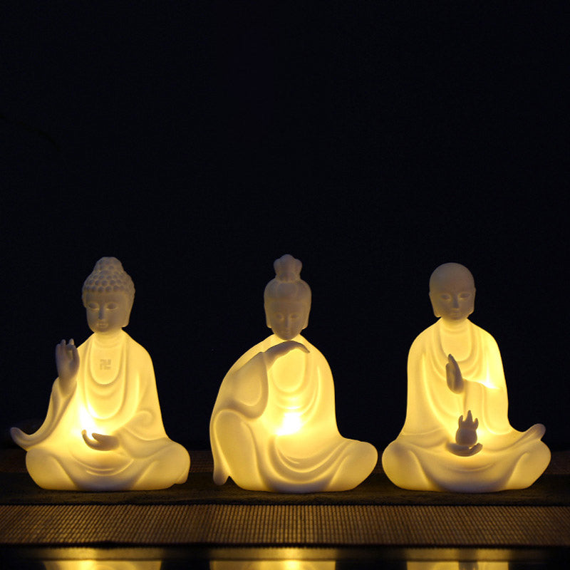 Ceramic Avalokitesvara Buddha Statue LED Blessing 8x11.5cm