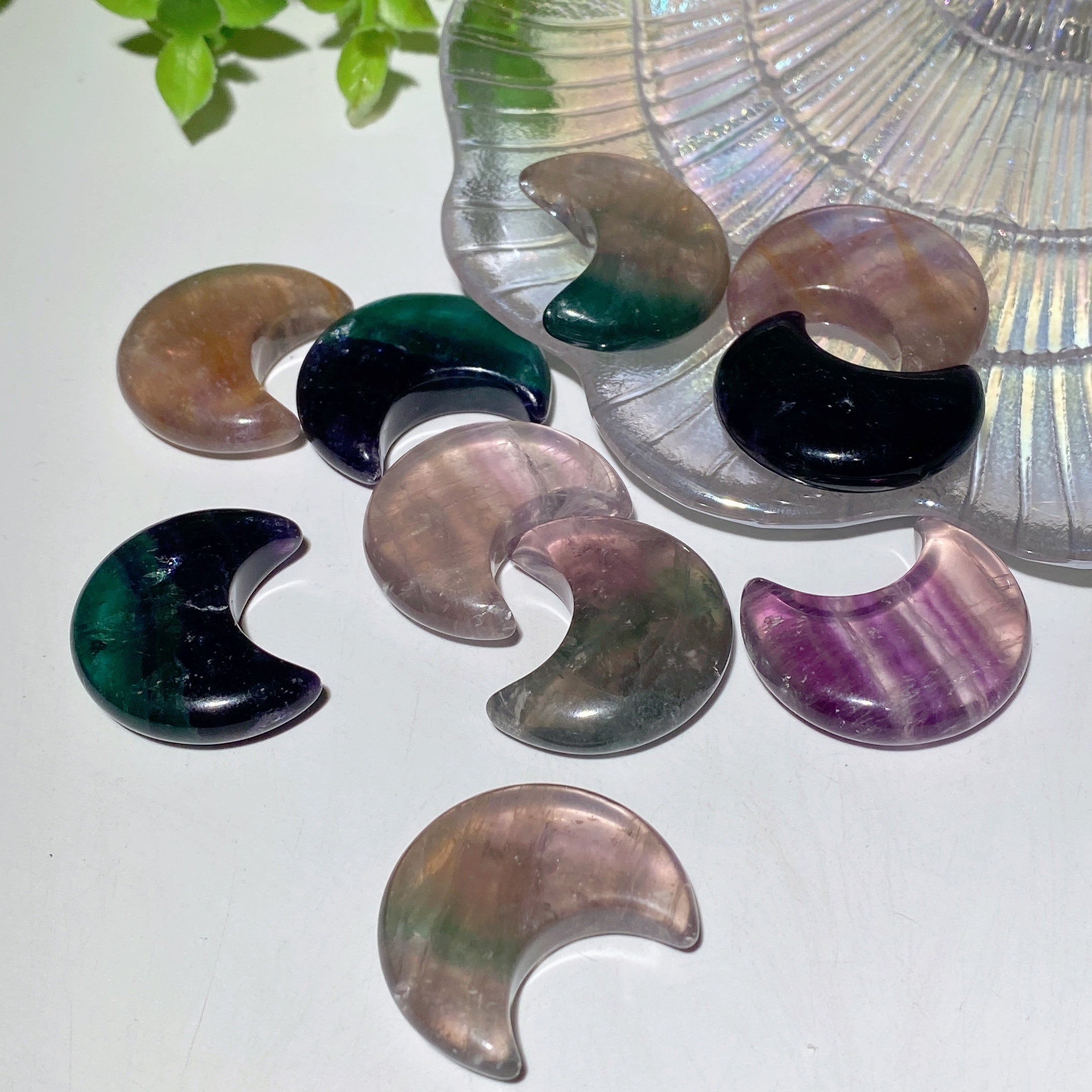 1.1" Fluorite Crystal Heart Moon Carvings for Healing