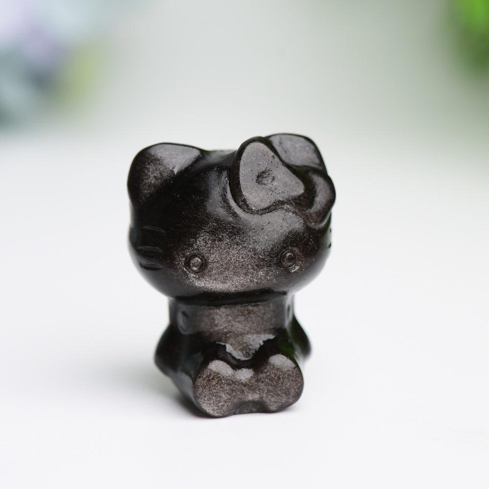 1.3" Fluorite, Rose Quartz & Silver Obsidian Hello Kitty Crystal Figurines