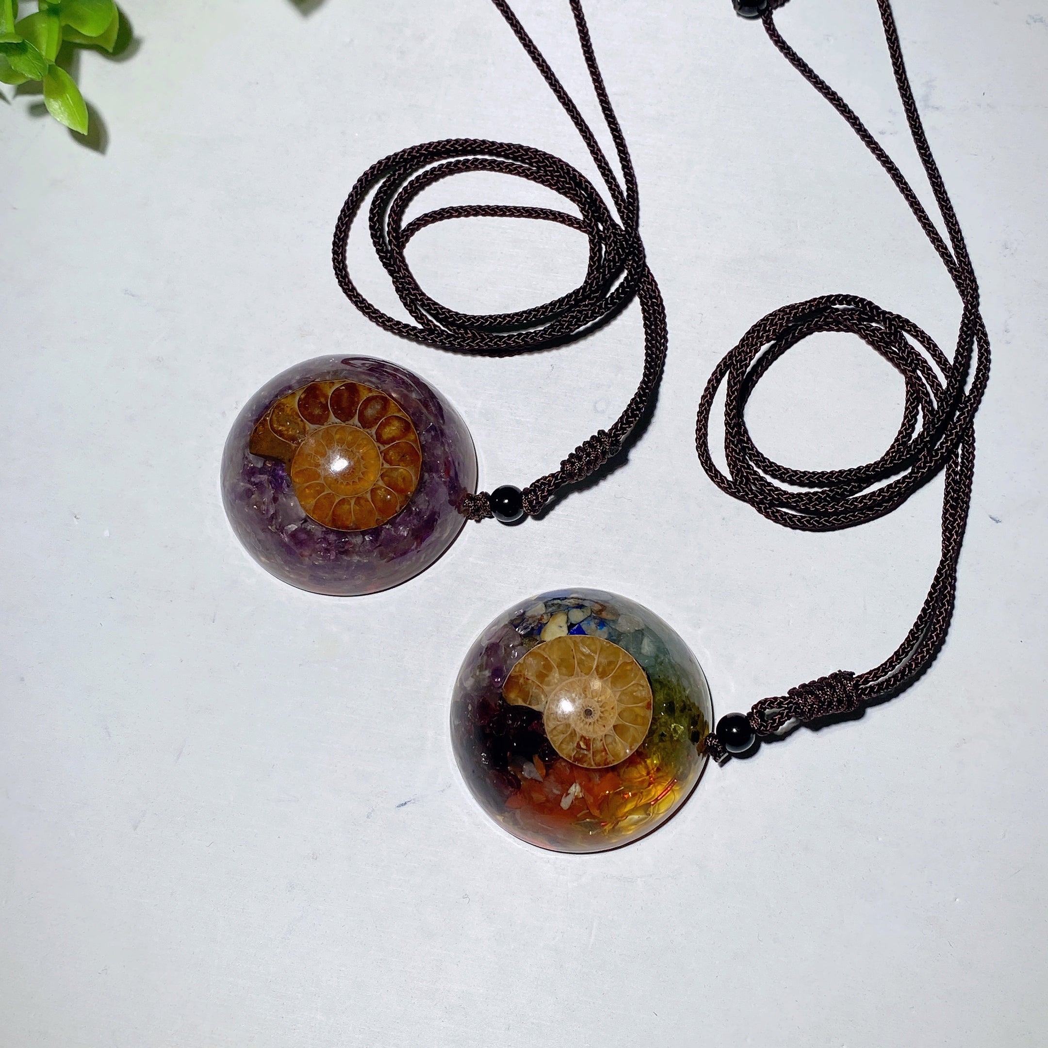 1.6-inch Resin Infused Ammonite Pendant with Amethyst Chips