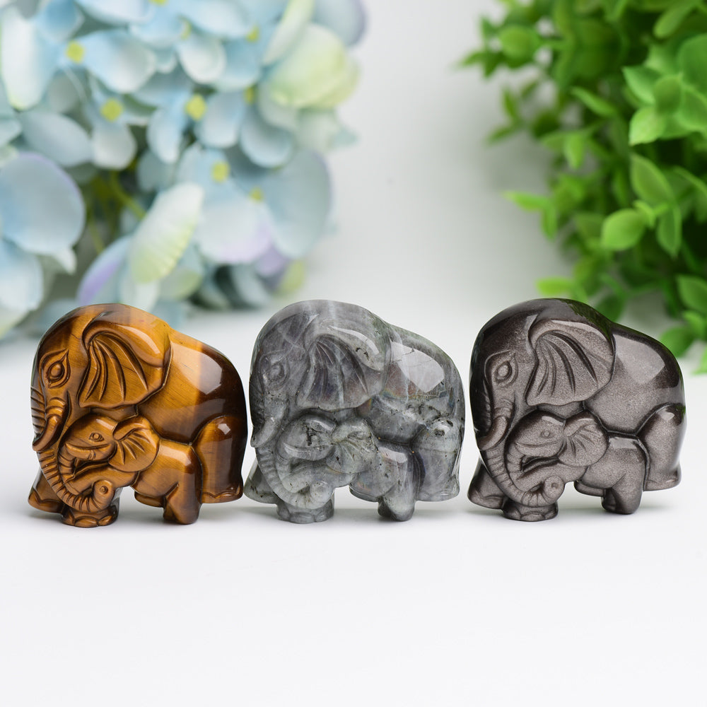1.85 Inch Labradorite Elephant Carving - Mother & Baby