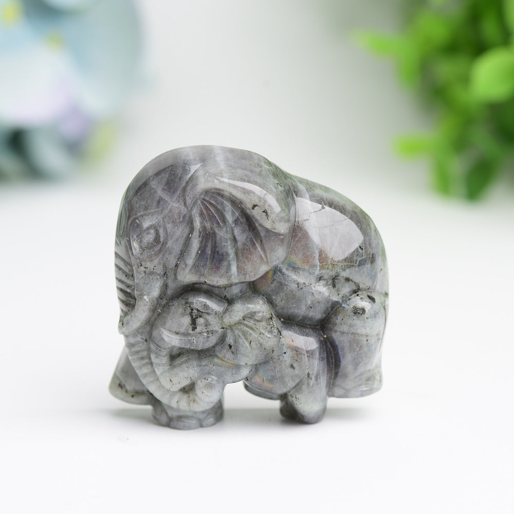 1.85 Inch Labradorite Elephant Carving - Mother & Baby
