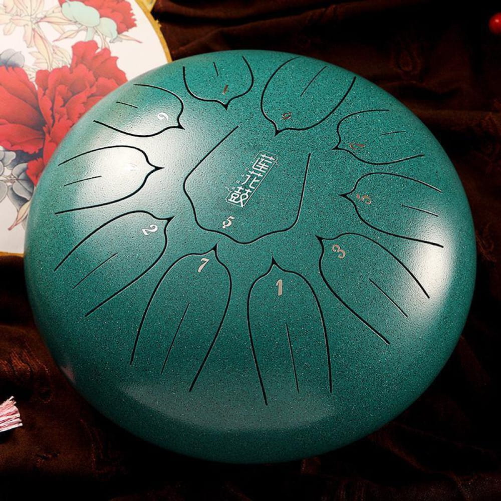 Turquoise Carbon Steel Tongue Drum with petal etchings, 11-tone D key design