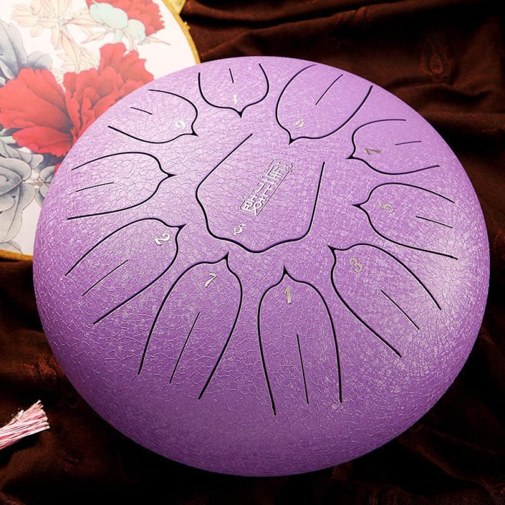 Purple steel tongue drum with petal-shaped tone markings in D Key, 10-inch size