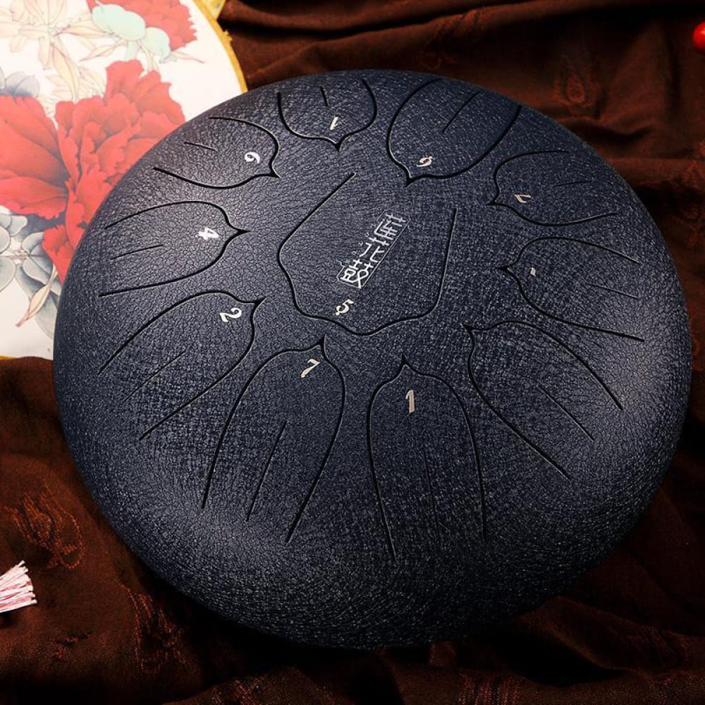 Steel tongue drum with petal etchings in dark finish, 10 inch D Key, 11 tones