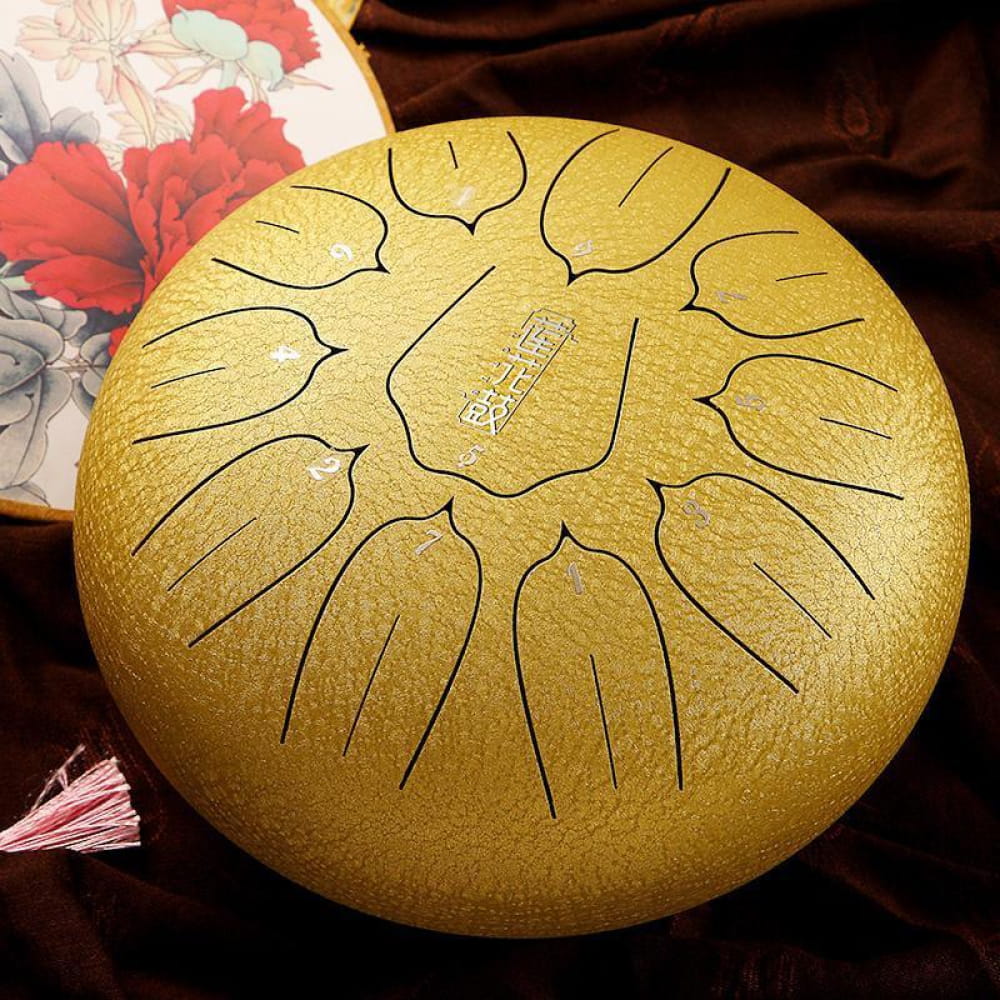 Golden steel tongue drum with petal tone sections in D key, 18 colors available