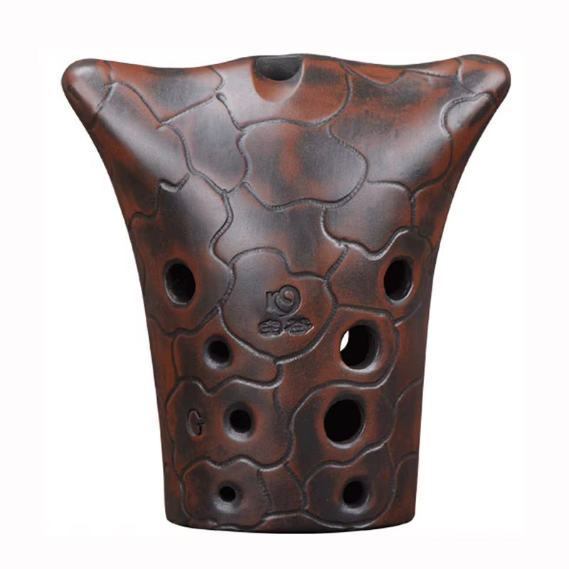 Dark brown ceramic 10-Hole Double Cavity Xun with textured surface and finger holes