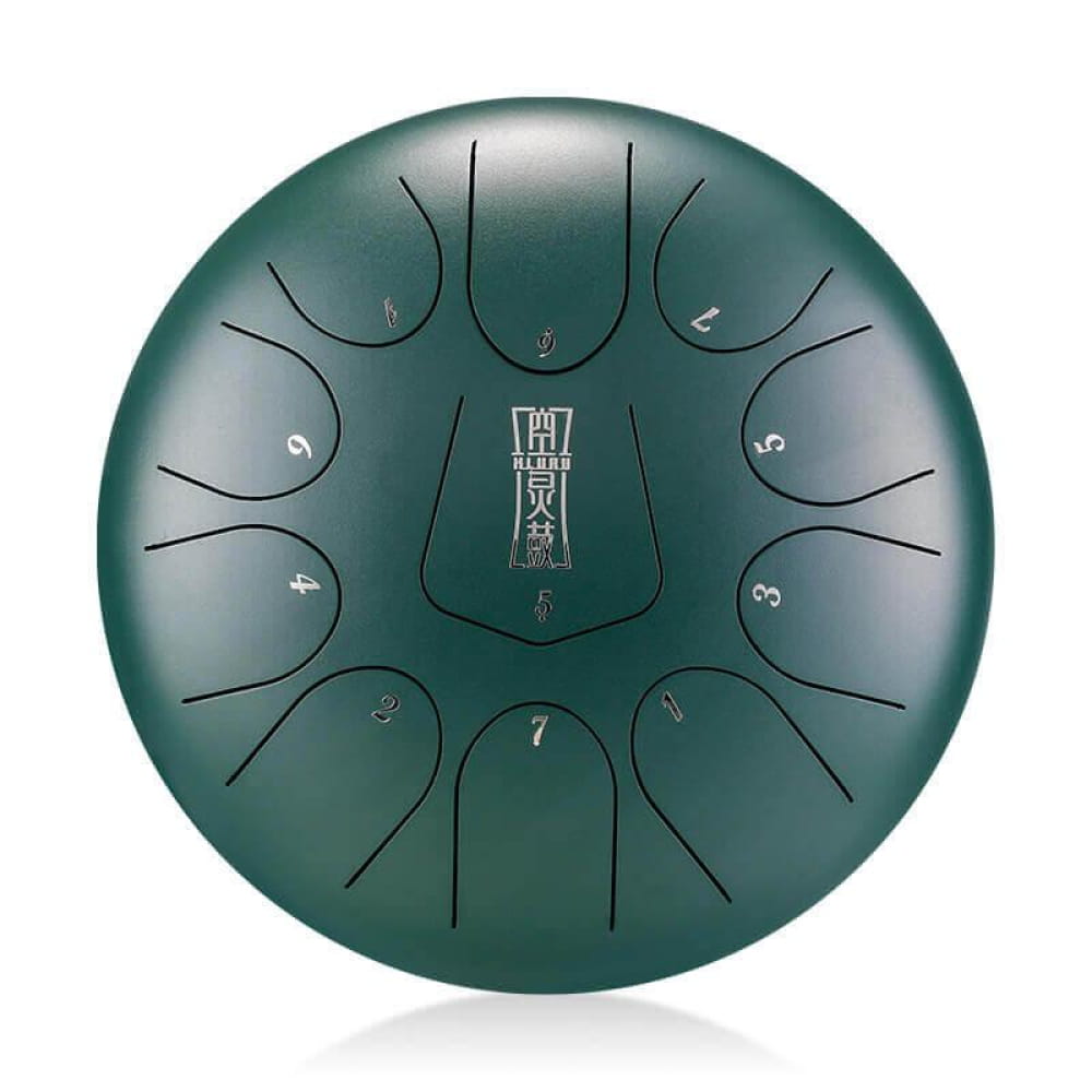 Dark green steel tongue drum with curved tone zones in D key, triangle style design