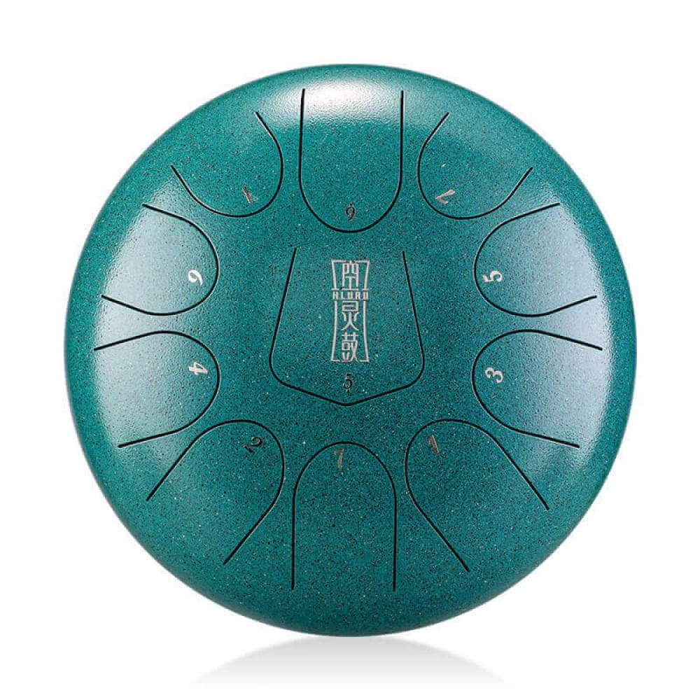 Teal 10 Inch 11 Note D Key Alloy Steel Tongue Drum with tone zones and curved lines