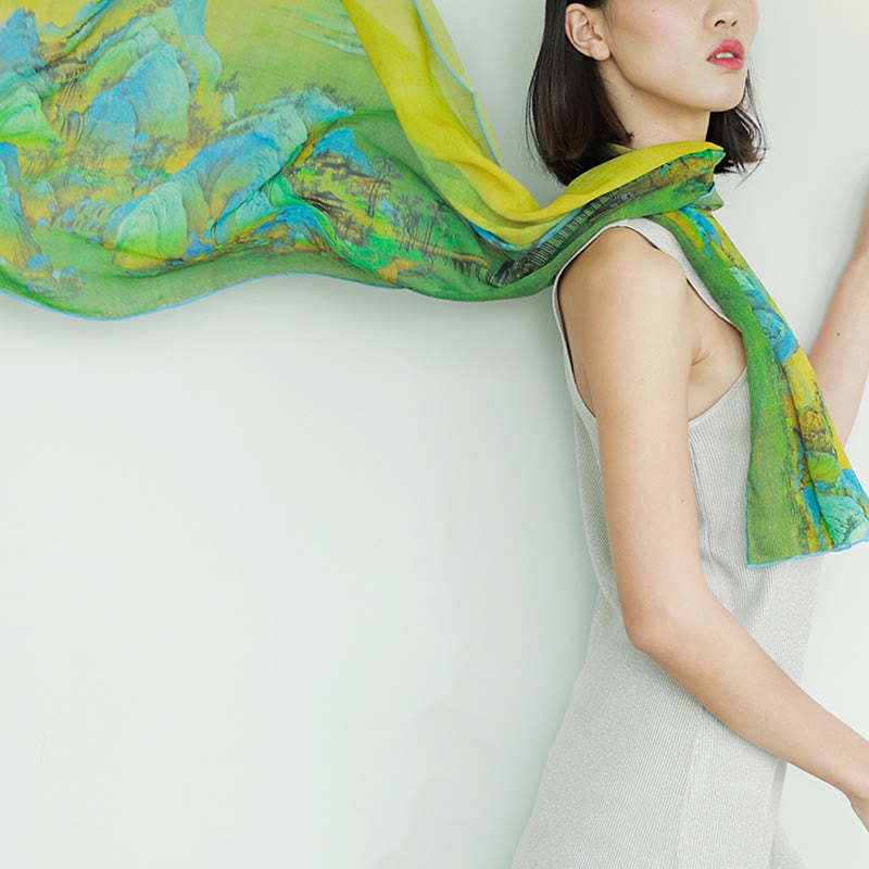 Écharpe tibétaine 100 % soie de mûrier Panorama de rivières et de montagnes