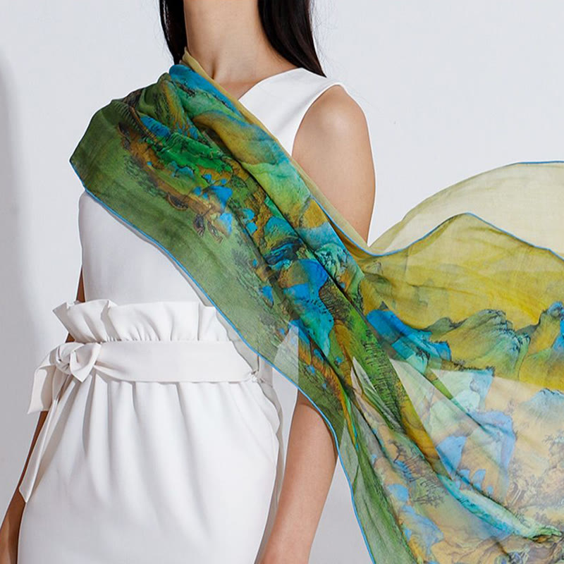 Écharpe tibétaine 100 % soie de mûrier Panorama de rivières et de montagnes