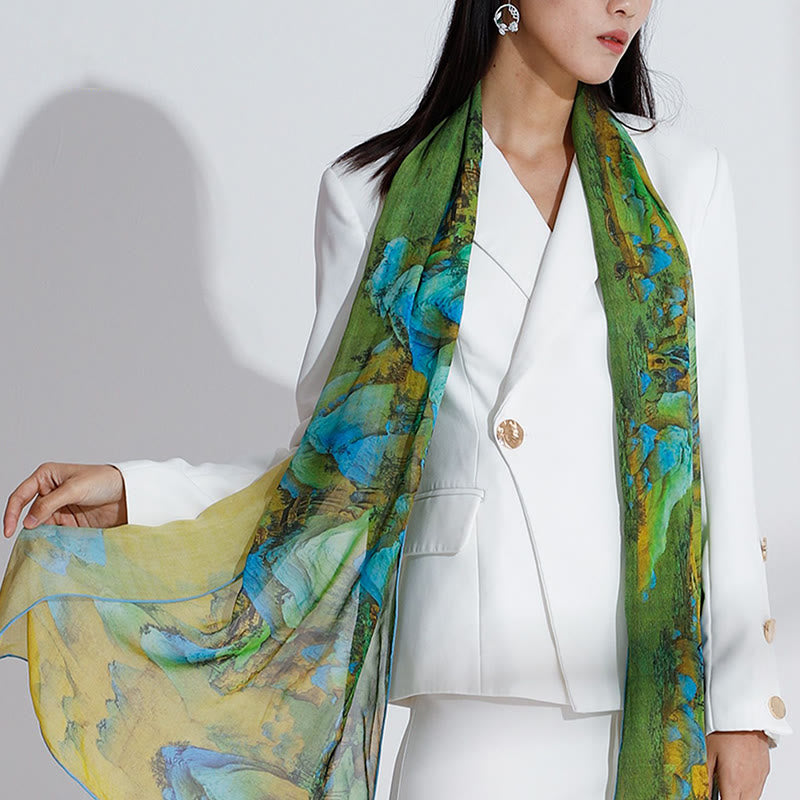 Écharpe tibétaine 100 % soie de mûrier Panorama de rivières et de montagnes