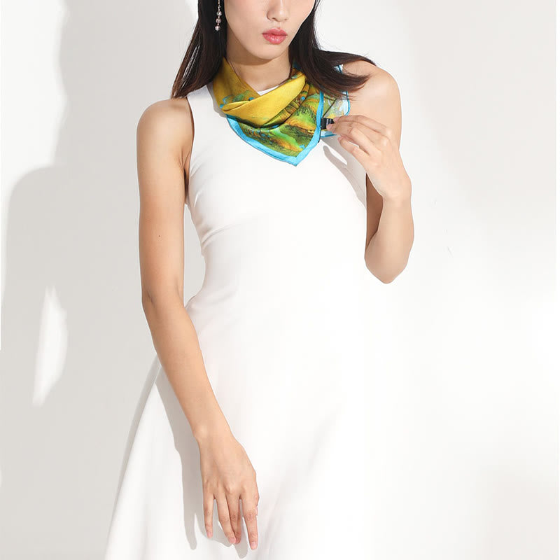 Écharpe tibétaine 100 % soie de mûrier Panorama de rivières et de montagnes