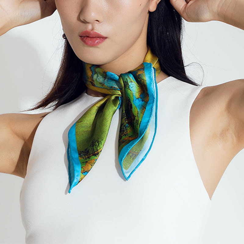 Écharpe tibétaine 100 % soie de mûrier Panorama de rivières et de montagnes