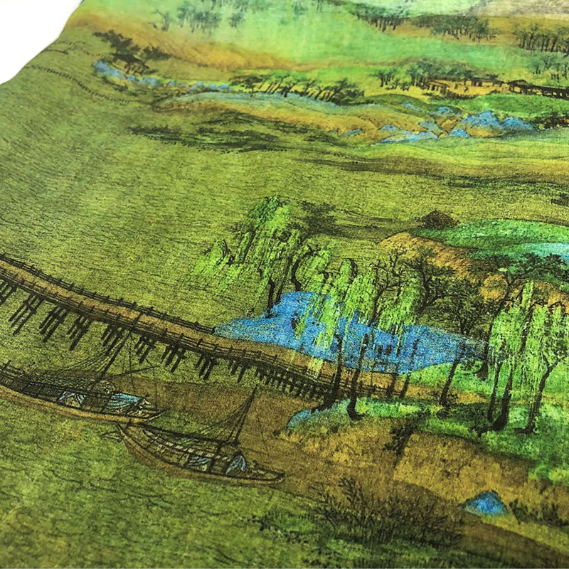 Écharpe tibétaine 100 % soie de mûrier Panorama de rivières et de montagnes