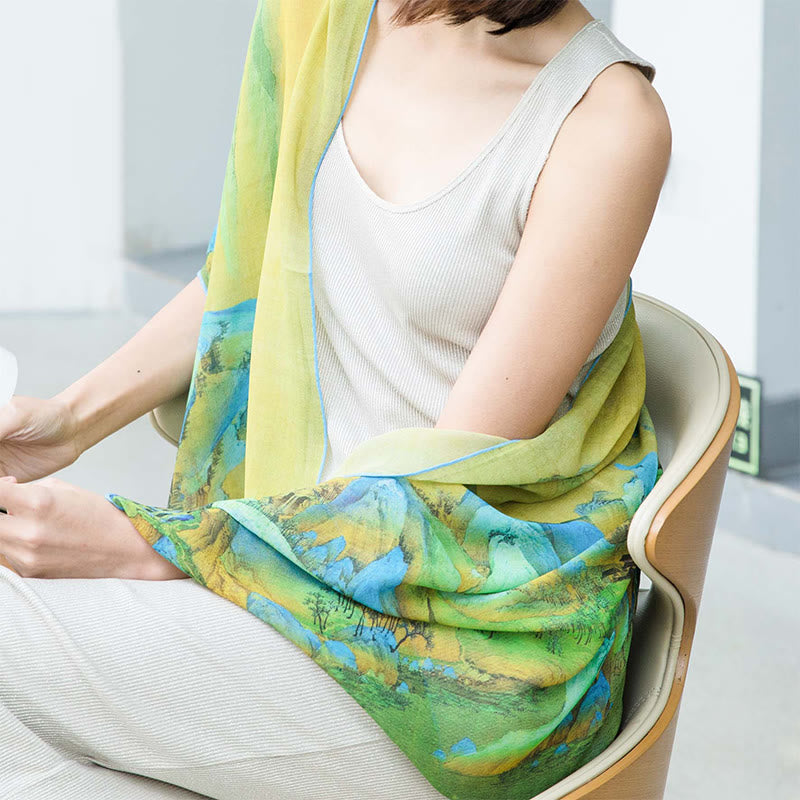 Écharpe tibétaine 100 % soie de mûrier Panorama de rivières et de montagnes