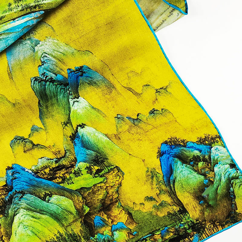 Écharpe tibétaine 100 % soie de mûrier Panorama de rivières et de montagnes