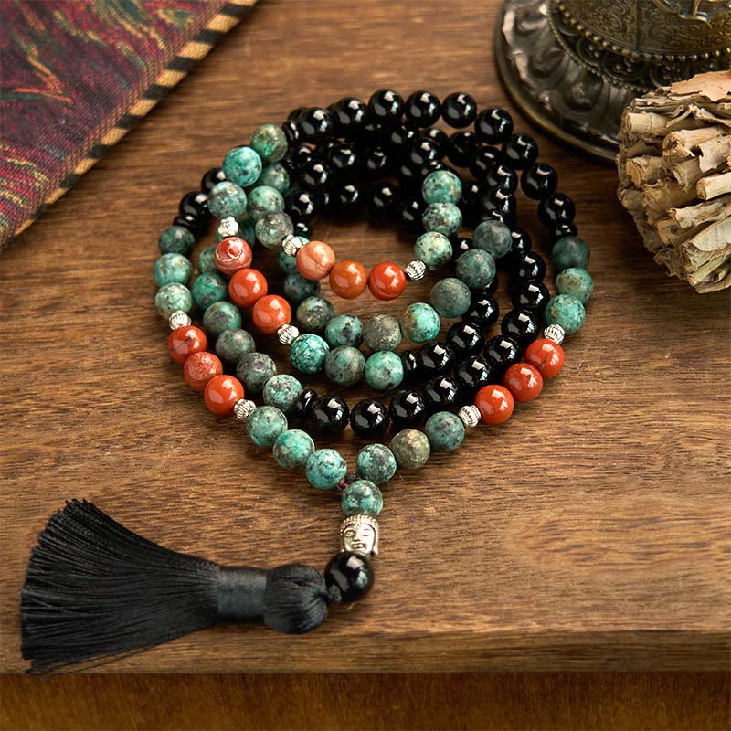 Bracelet Mala 108 perles en onyx noir, jaspe rouge et turquoise