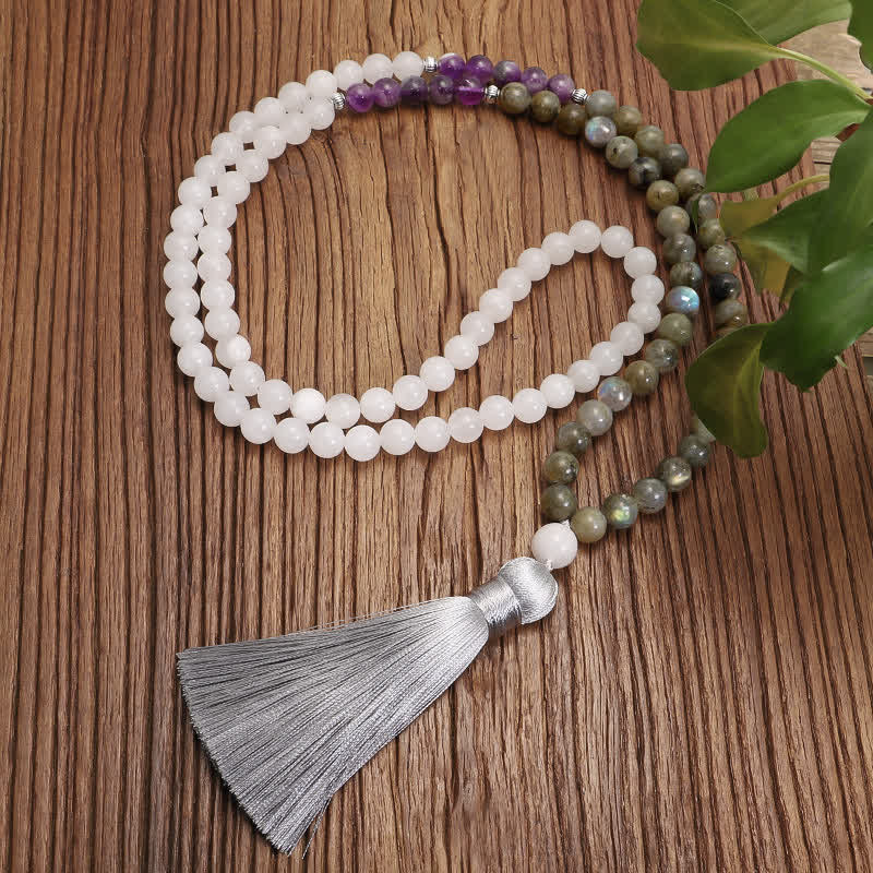 Bracelet Mala 108 perles en pierres précieuses | Agate blanche et améthyste