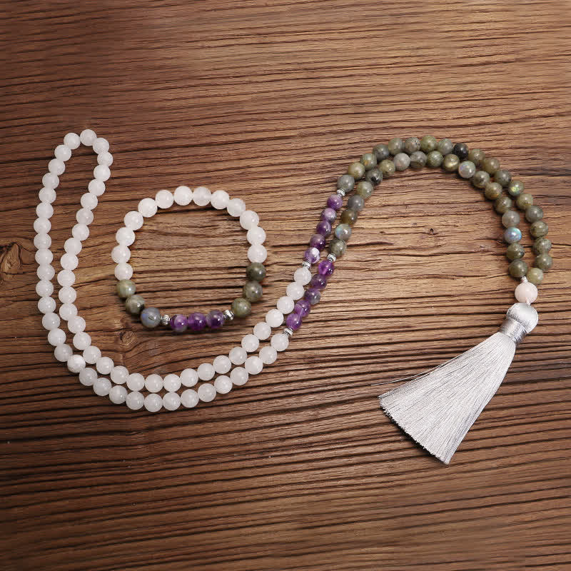 Bracelet Mala 108 perles en pierres précieuses | Agate blanche et améthyste